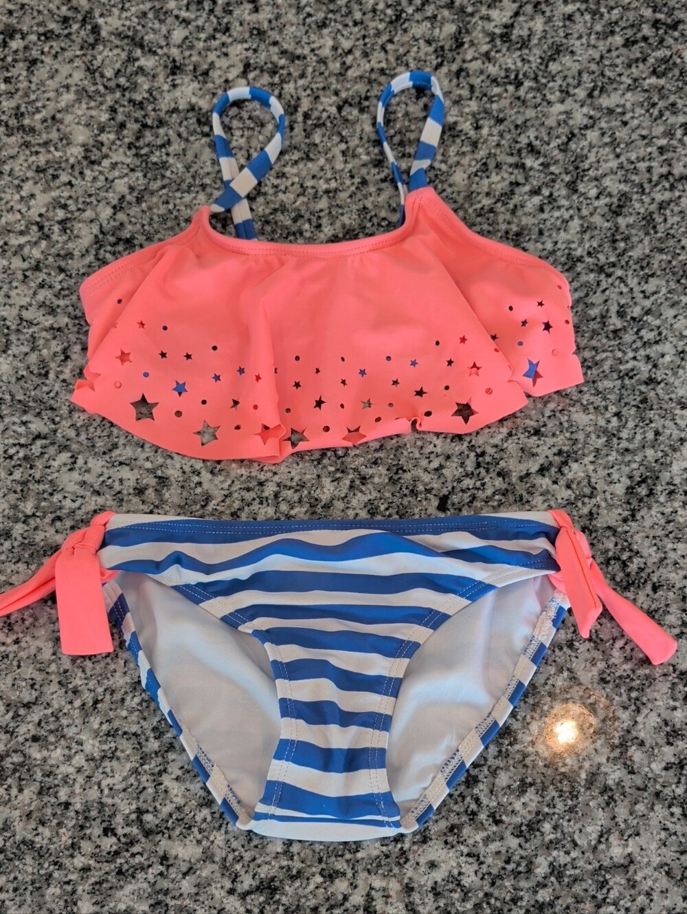 Circo Girls Two-Piece Swim Bikini in Coral Pink and Blue Stripes